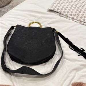 Anthropologie - Black leather Floral Embossed Bag with Gold Handle